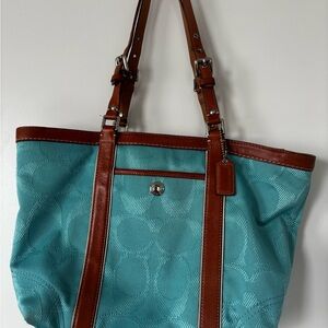 Vintage Coach Turquoise Tote with Brown Leather Trim